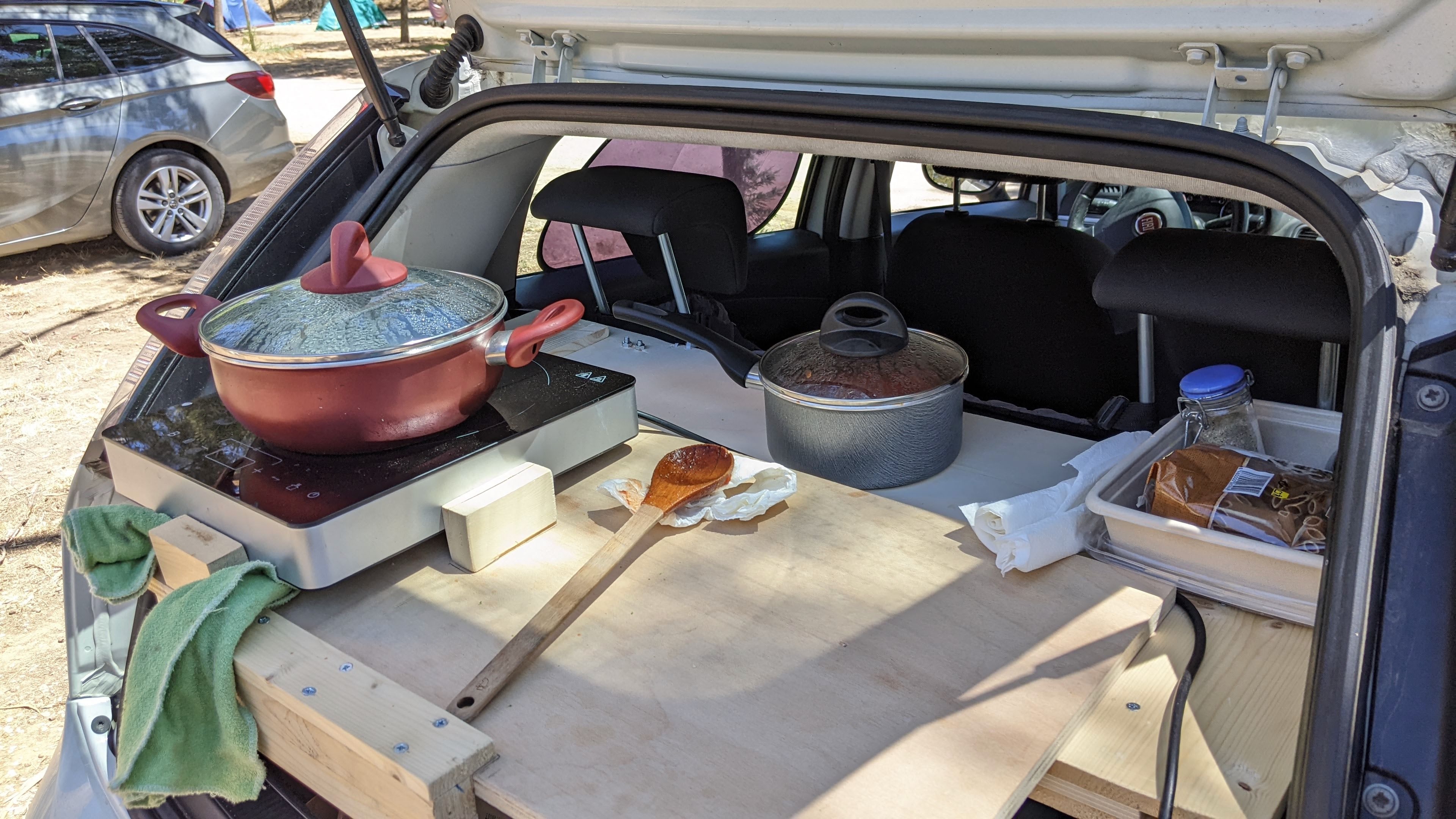 Testing a travel kitchen prototype.