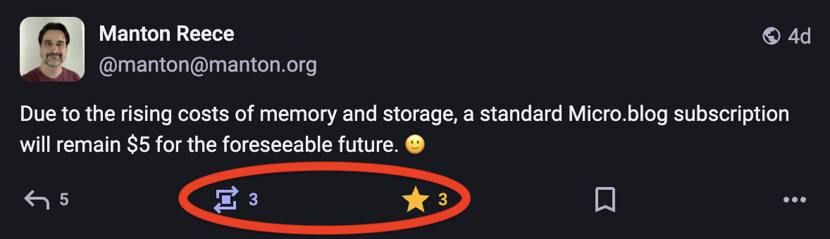 Manton's post about Micro.blog pricing layout on Mastodon