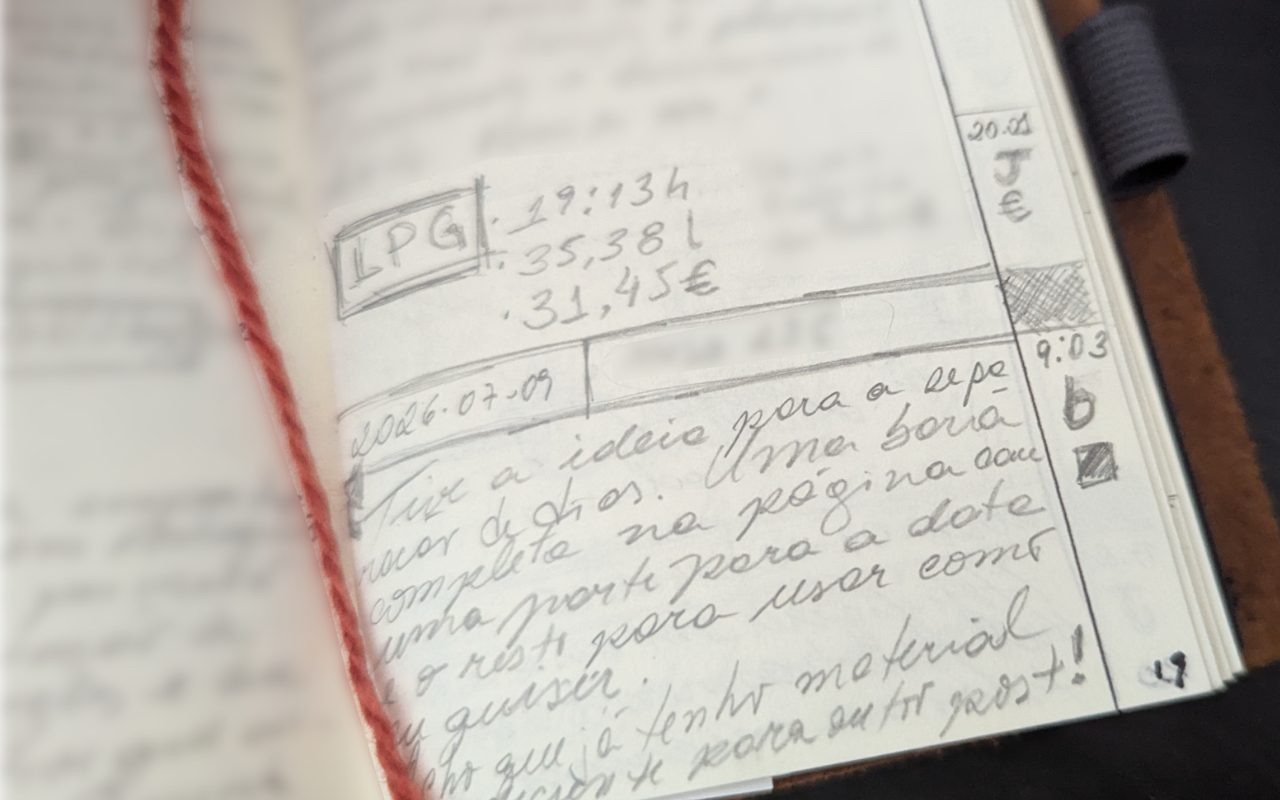 O caderno aberto mostrando exemplos da data e das etiquetas
