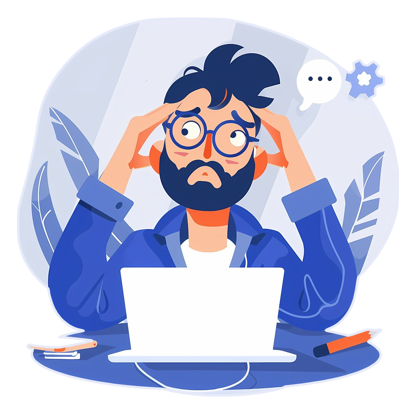 A person with glasses and a beard sits in front of a laptop, appearing stressed with hands on their head, surrounded by leaves and a thought bubble.