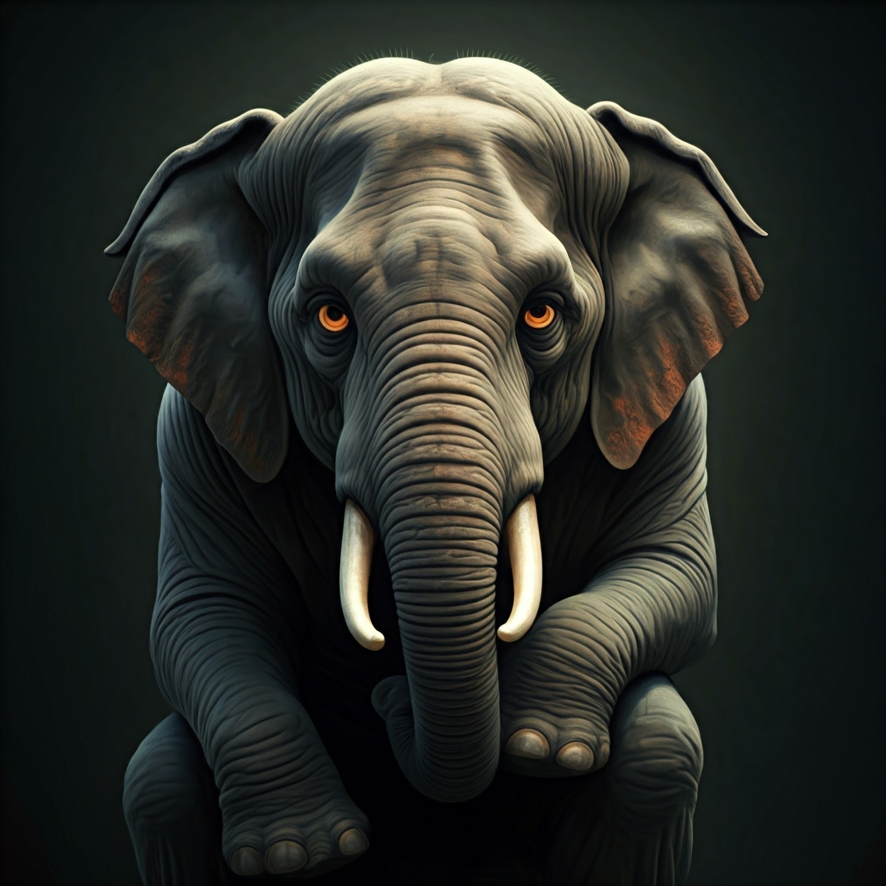 A majestic AI-generated elephant with tusks is sitting upright against a dark background, gazing forward intently.