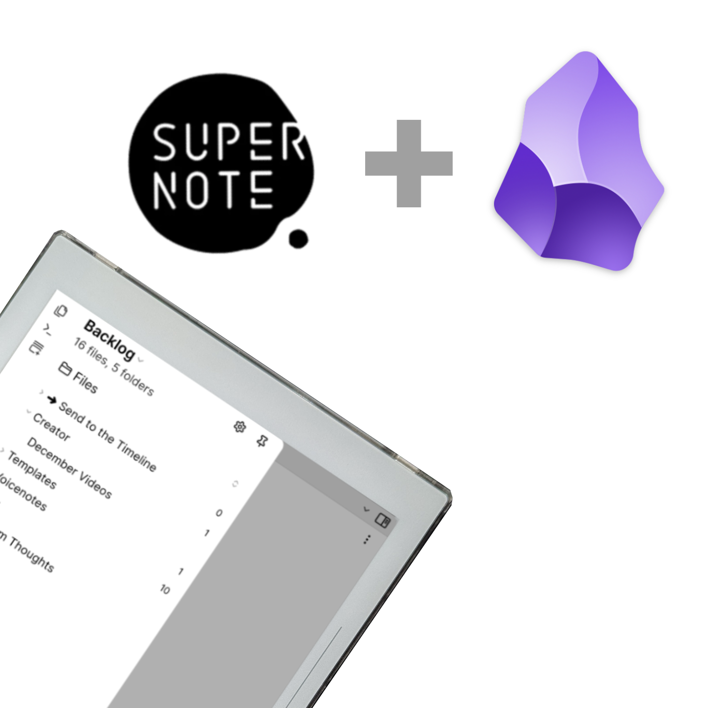 A Supernote Nomad displays a menu alongside logos for Supernote and Obsidian.